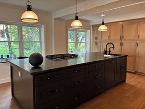 A kitchen with a large island, dark cabinetry, pendant lighting, and windows with a view of greenery. - High Design, Museum District 2 BR/2BA KC Condo (Kansas City)
