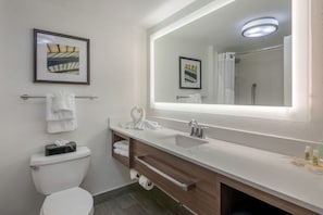 Ein modernes Badezimmer mit Toilette, Waschbecken und Spiegel.