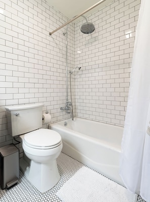 Ein Badezimmer mit Toilette, Badewanne und Dusche.