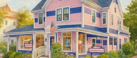 A two-story building with a porch, a flag, and storefronts.