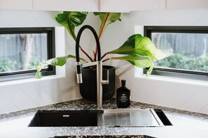 A kitchen with a black countertop, a sink, a potted plant, and a bottle of Boronia. - Luxe Loft Contemporary Comfort by Mudgees CBD (Mudgee)