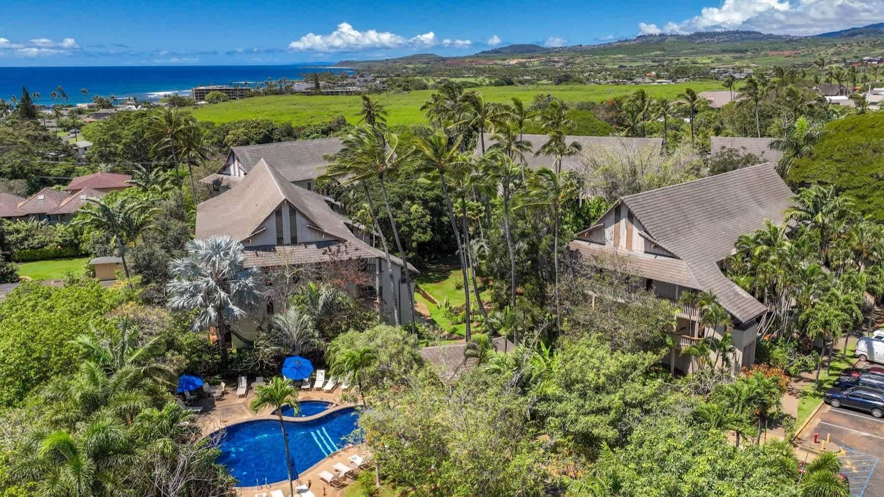 A residential area with houses, a swimming pool, and a view of the ocean.