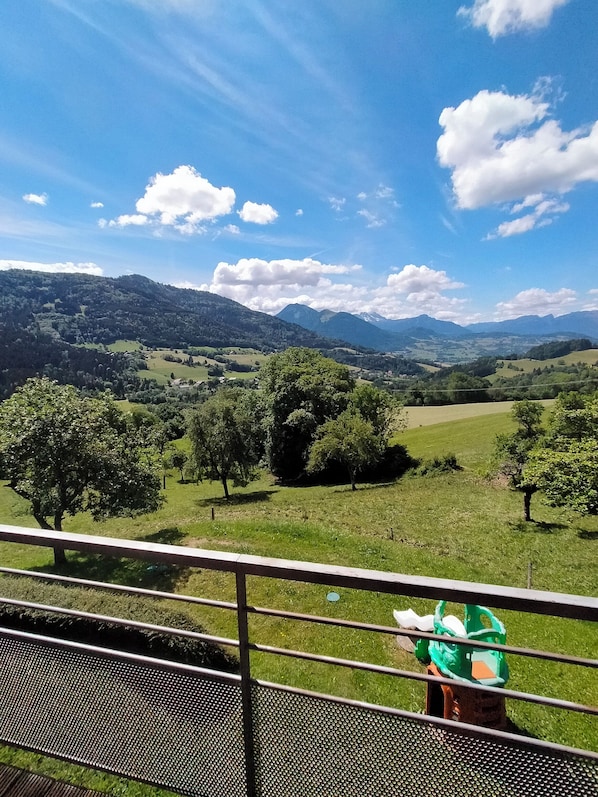 Vista panorámica desde un balcón con barandilla metálica, sobre un valle verde con árboles y montañas distantes bajo un cielo despejado.