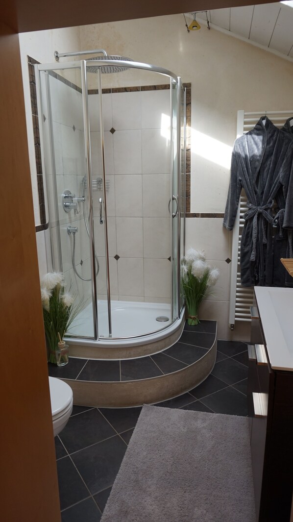 Ein Badezimmer mit Duschkabine, Toilette und Waschbecken.