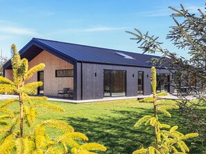 A modern house with a sloped roof, large windows, and a well-maintained lawn. - 5 Star Holiday Home in Saeby (Sæby)