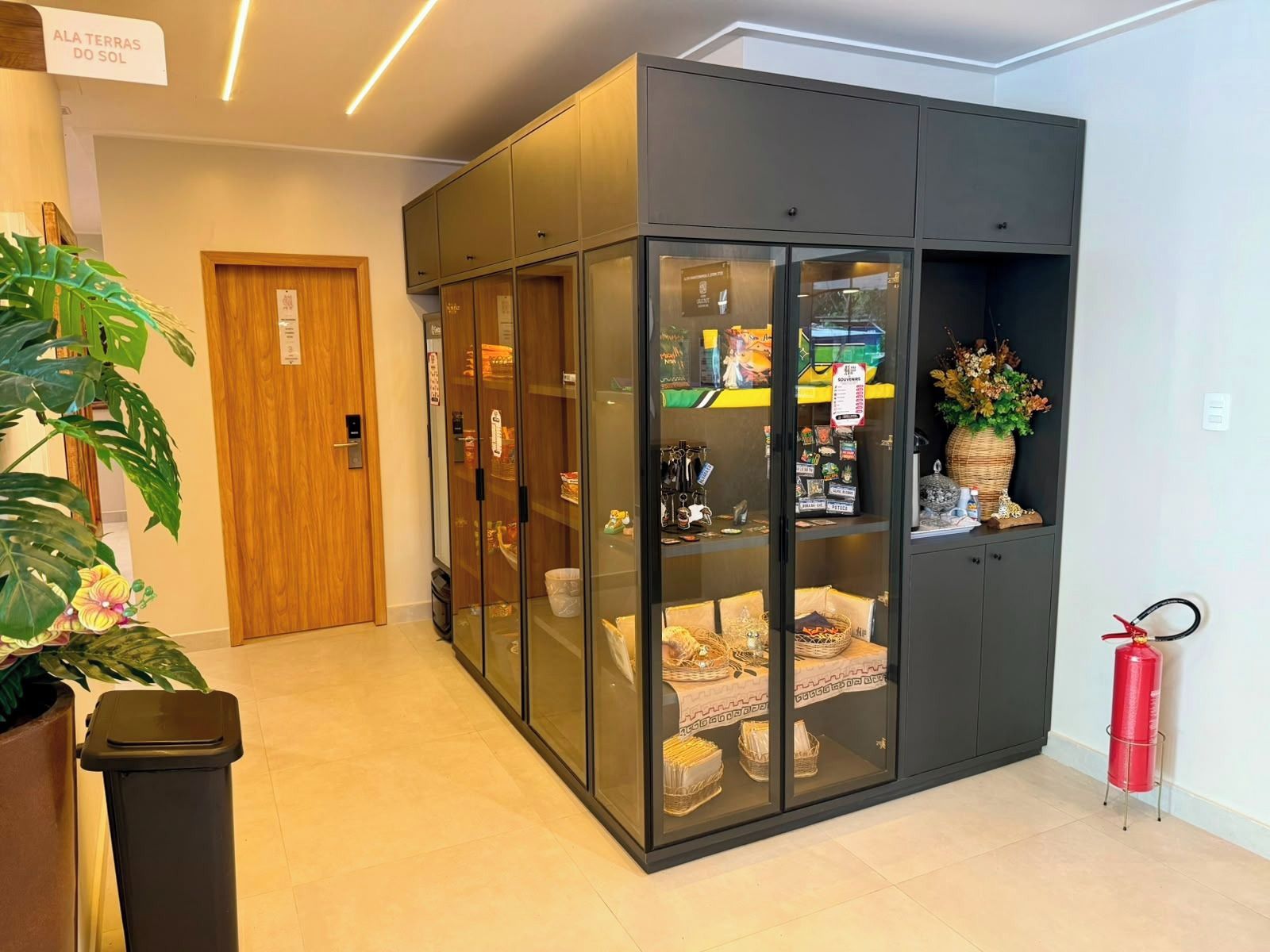 Un interior moderno con un aparador de vidrio que contiene diversos objetos, una puerta de madera y un extintor.