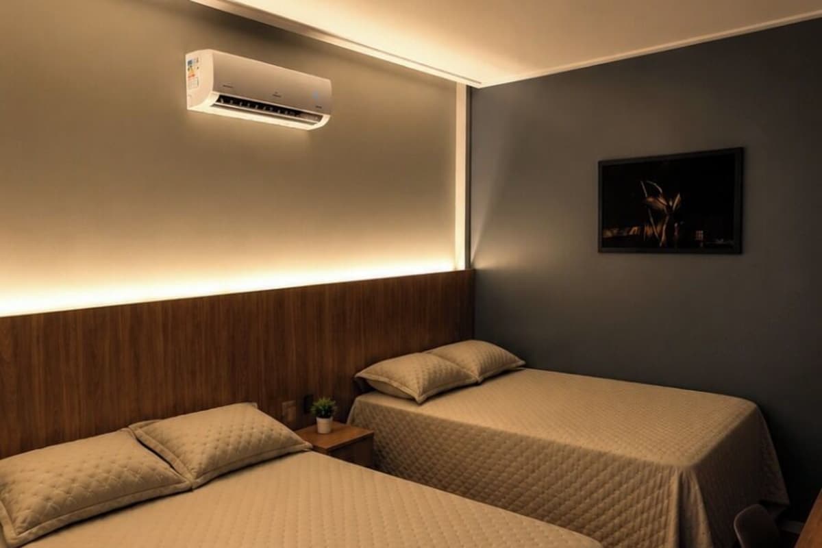 Habitación de hotel con dos camas, una mesita de noche con una planta, aire acondicionado instalado en la pared y un cuadro enmarcado.
