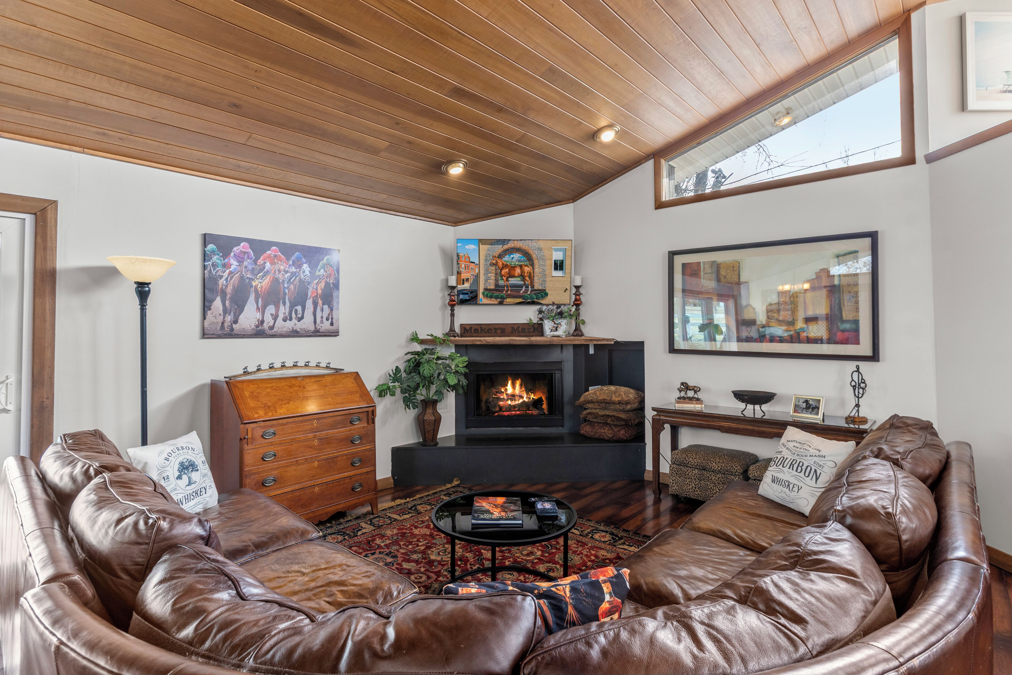 Smart TV, chimenea, libros