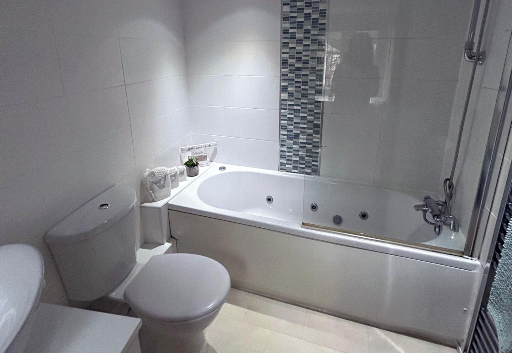 Duschwanne, Komfortbadewanne, Haartrockner, Handtücher