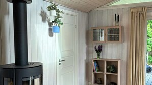 Moderni sisustus, jossa on puukamiina, ovi, koriste-esineillä täytetty hylly ja näkymä ikkunasta.