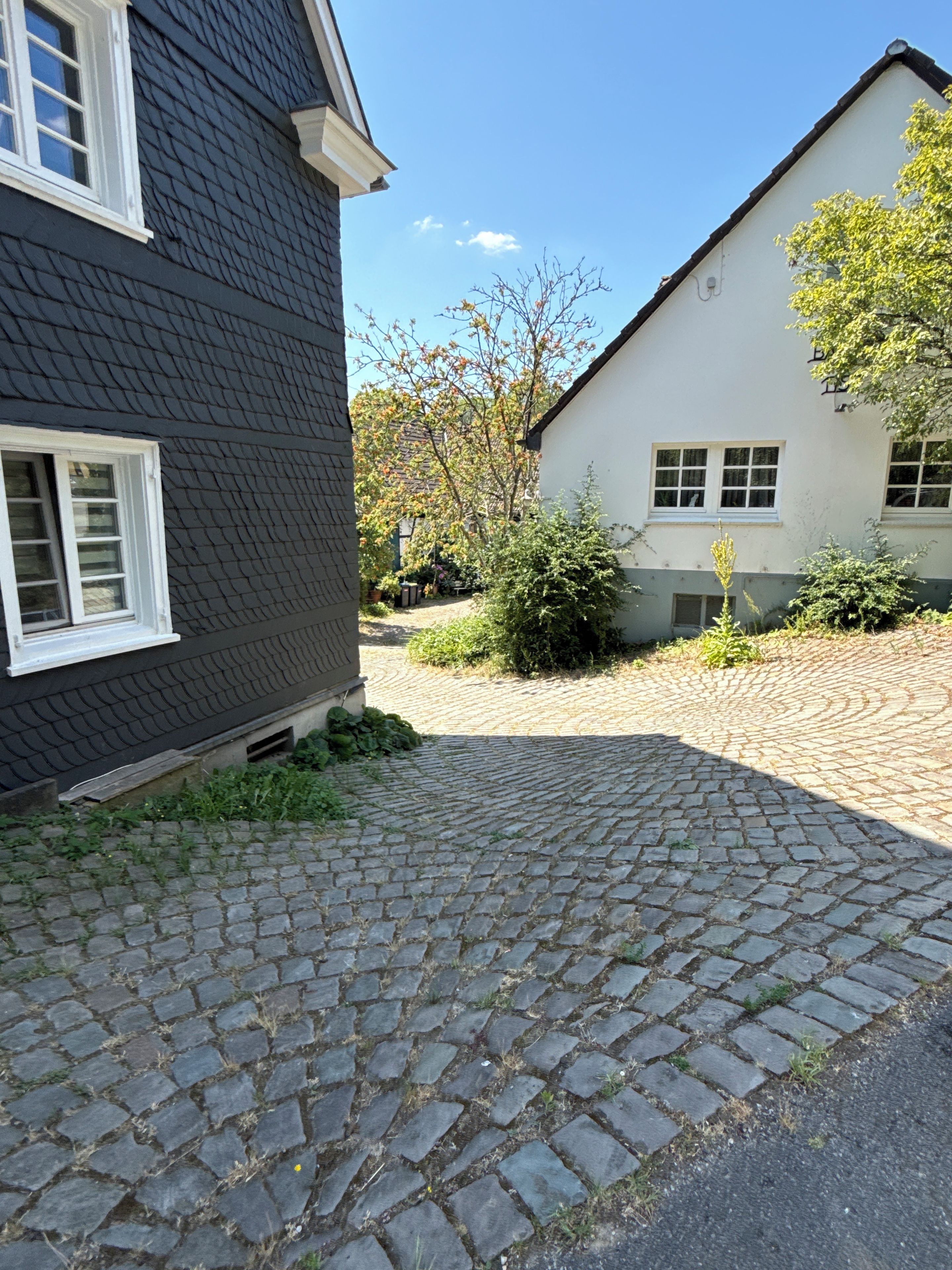 A cobblestone driveway leading to a house with a dark roof and white trim.