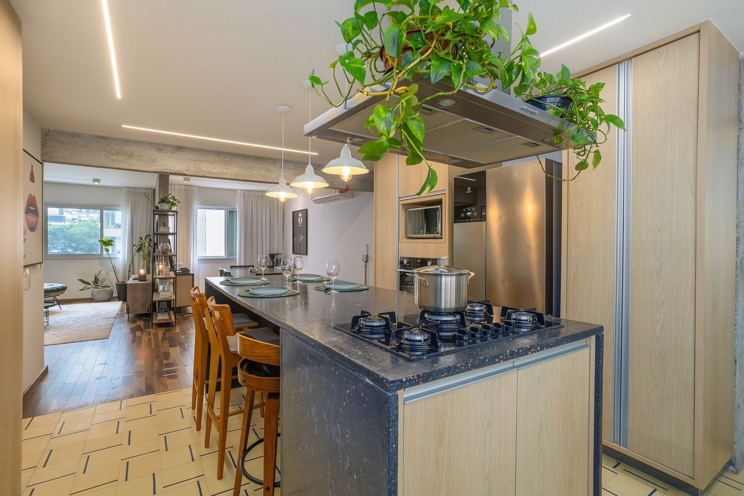 Una cocina moderna con una isla central, electrodomésticos integrados y una planta colgante.