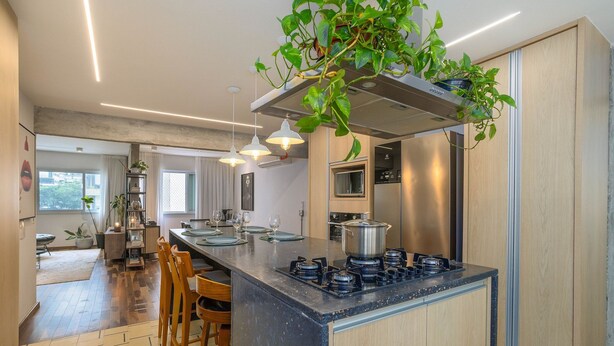 Una cocina moderna con una isla central, electrodomésticos integrados y una planta colgante.