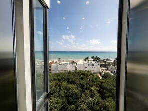 Blick durch ein Fenster auf eine Küstenlandschaft mit Gebäuden, Bäumen und dem Meer.