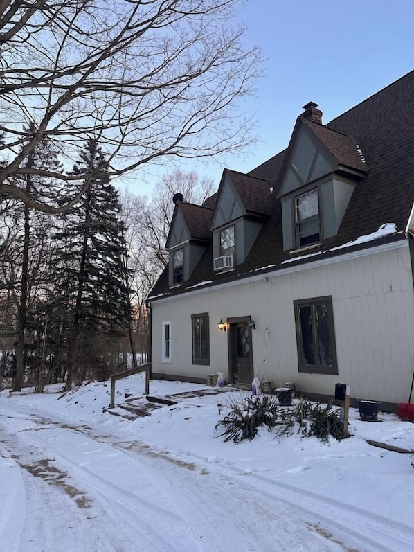 A two-story house with a gabled roof and a chimney, surrounded by snow-covered ground and bare trees.