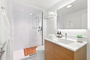 A modern bathroom with a glass shower enclosure, a white sink, and a mirror above it. - Charming 2BR Hanover Apt | Walk to Dartmouth (Hanover)