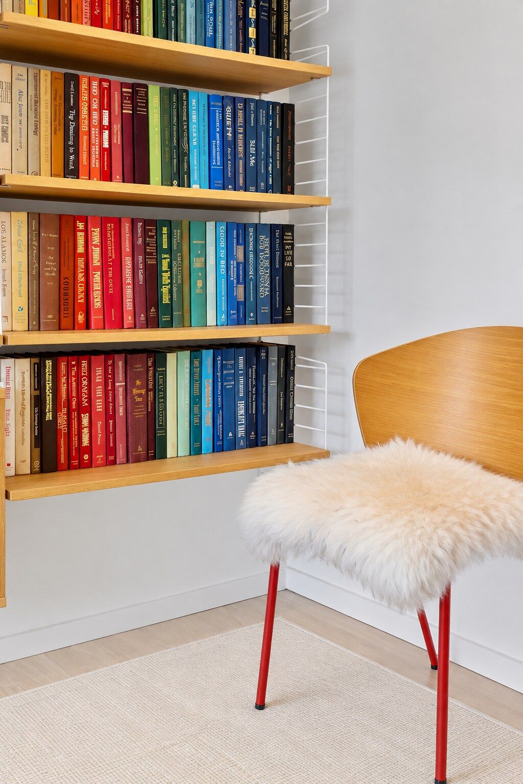 Une bibliothèque remplie de divers livres, une chaise aux pieds rouges et un coussin blanc et moelleux.