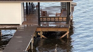 Un bâtiment situé au bord de l’eau, doté d’une terrasse couverte, de bancs en bois et d’un espace repas.