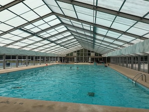An indoor swimming pool with a high ceiling and glass panels, surrounded by chairs and tables. - Storybook Cabin-Hot Tub, Fire Pit & Tree Top Views (Ellijay)