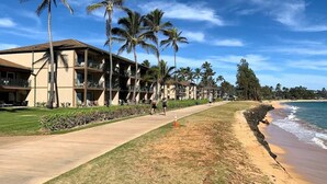 A beachfront hotel with a pool, palm trees, and a sandy beach.