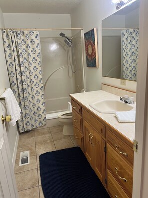 Een badkamer met een douche, toilet, wastafel en houten kasten.
