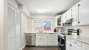 A compact kitchen with white cabinetry, a stainless steel dishwasher, a built-in oven, and a window with blinds. - 3 Bed | Min to UofC & Hospital | Garage (Calgary)