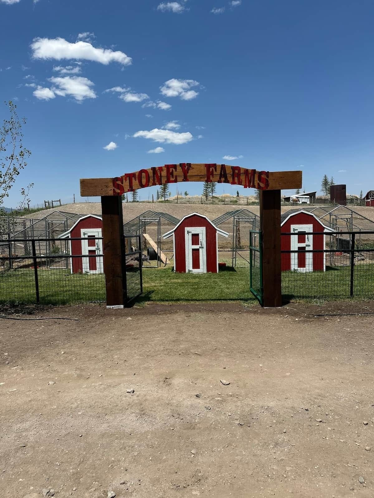 A farm entrance with a sign reading 'STONEY FARMS' and several red barns.