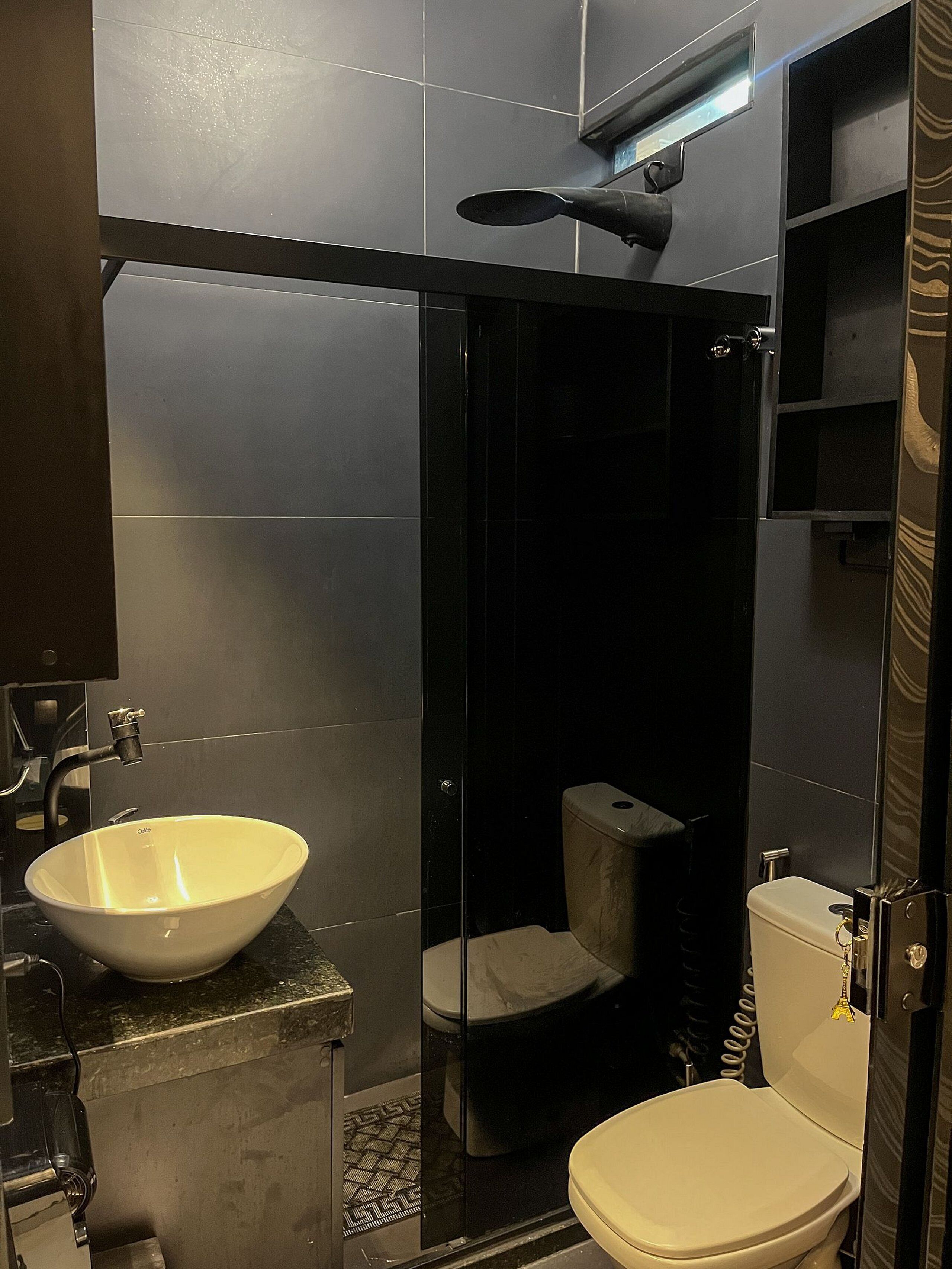 A modern bathroom with a large white sink, a toilet, and a glass-enclosed shower area.