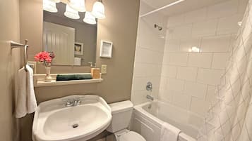 Hair dryer, towels, soap, toilet paper