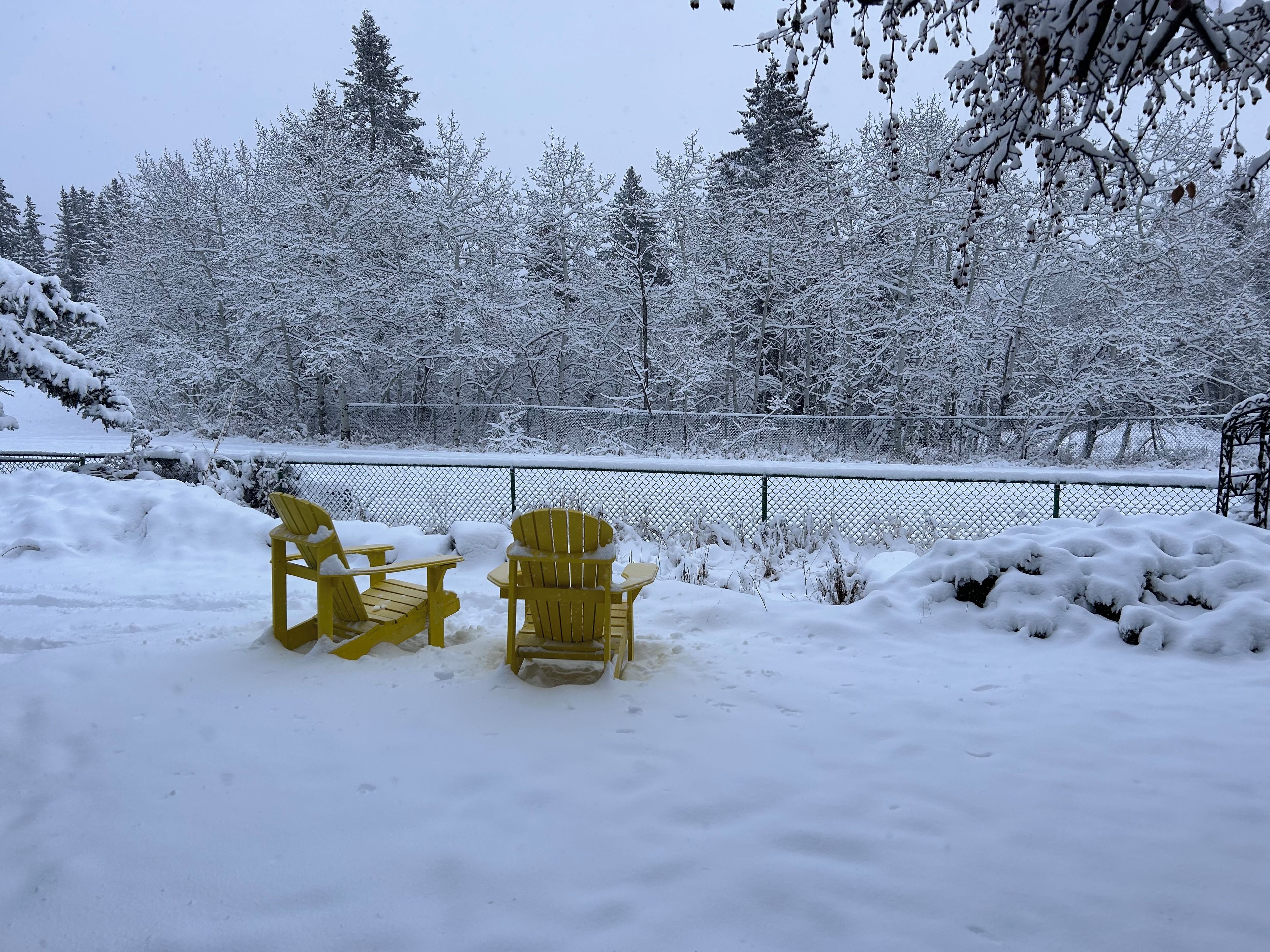 A snow-covered outdoor seating area with two chairs and a table, surrounded by a fence and trees.