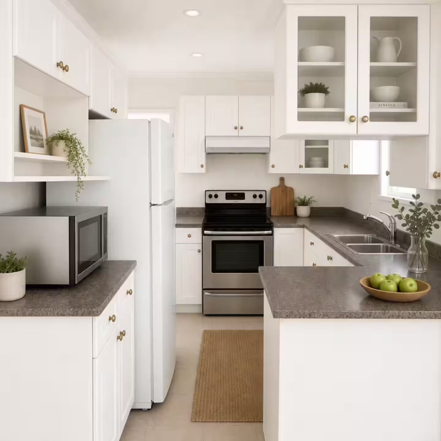 A modern kitchen with white cabinets, stainless steel appliances, and a granite countertop.