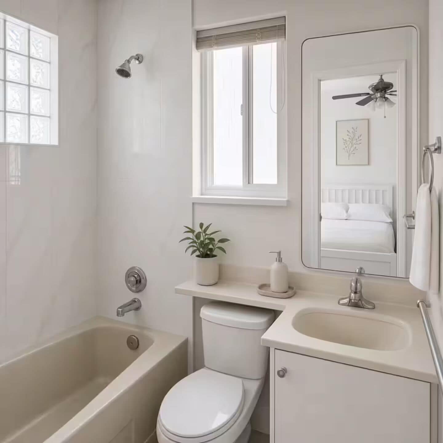 Een badkamer met bad, toilet, wastafel en een raam met zonwering.