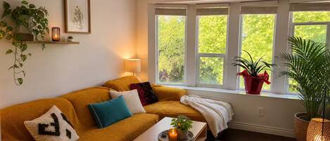 A cozy living room with a sofa, a coffee table, and a window with plants.