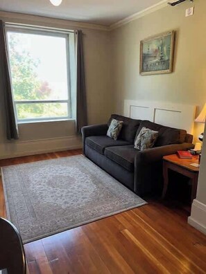 A room with a sofa, a rug, a window, and a painting on the wall.