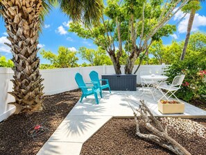 A patio with outdoor furniture, a palm tree, and a garden area.