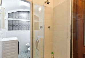 Ein Badezimmer mit Duschkabine, Toilette und Waschmaschine.