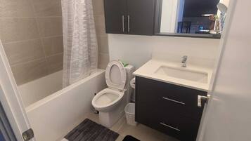Hair dryer, towels, soap, toilet paper