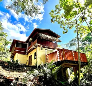 Una casa de dos pisos con techo de paja, terraza de madera elevada y rodeada de vegetación tropical.