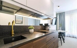 Lägenhet Deluxe - utsikt mot staden | Eget kök | Stort kylskåp, mikrovågsugn, ugn och spishäll