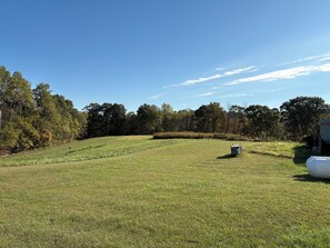 A grassy field with a small structure, trees, and a clear sky.