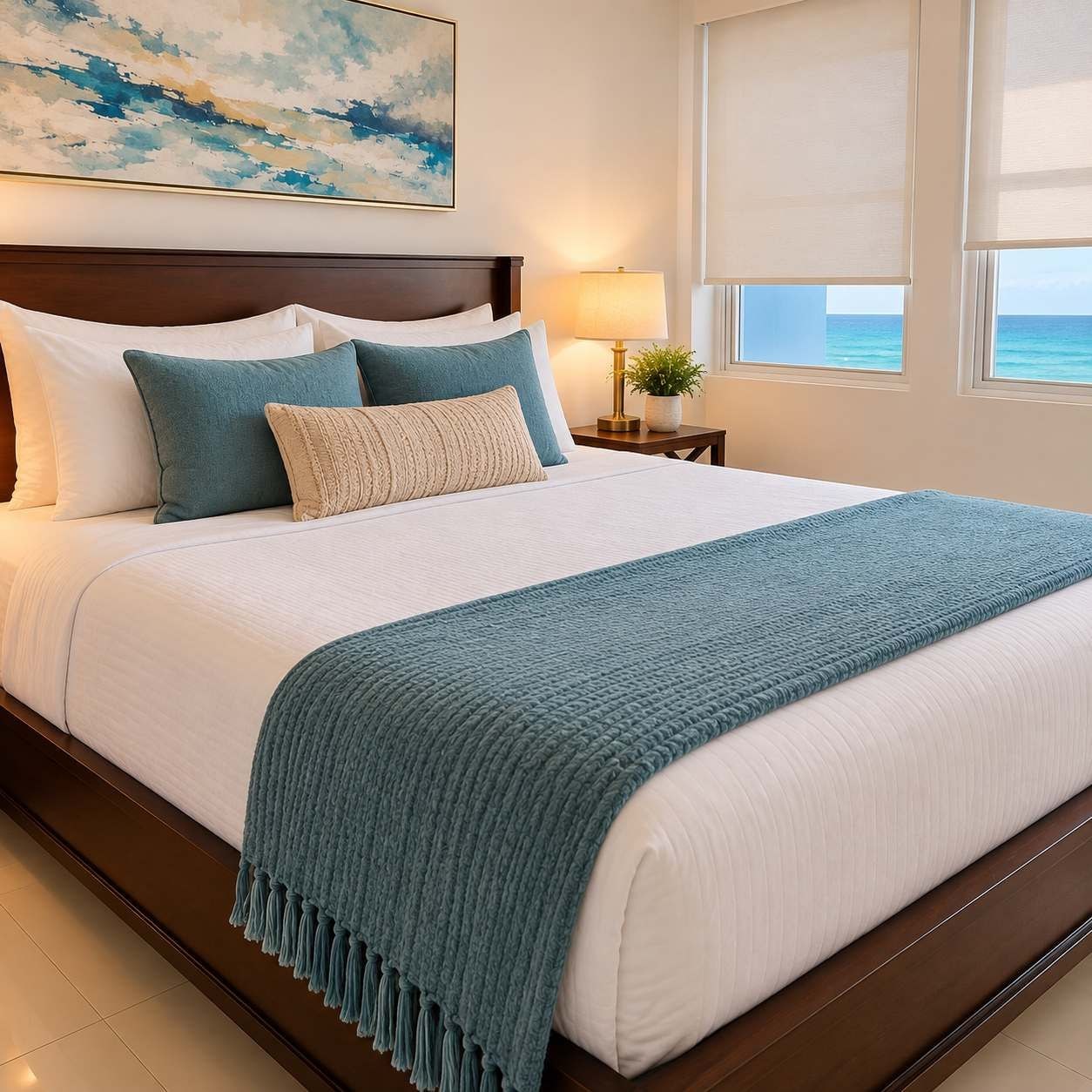 A neatly made bed with a blue blanket and pillows, a bedside lamp, and a view of the ocean through a window.