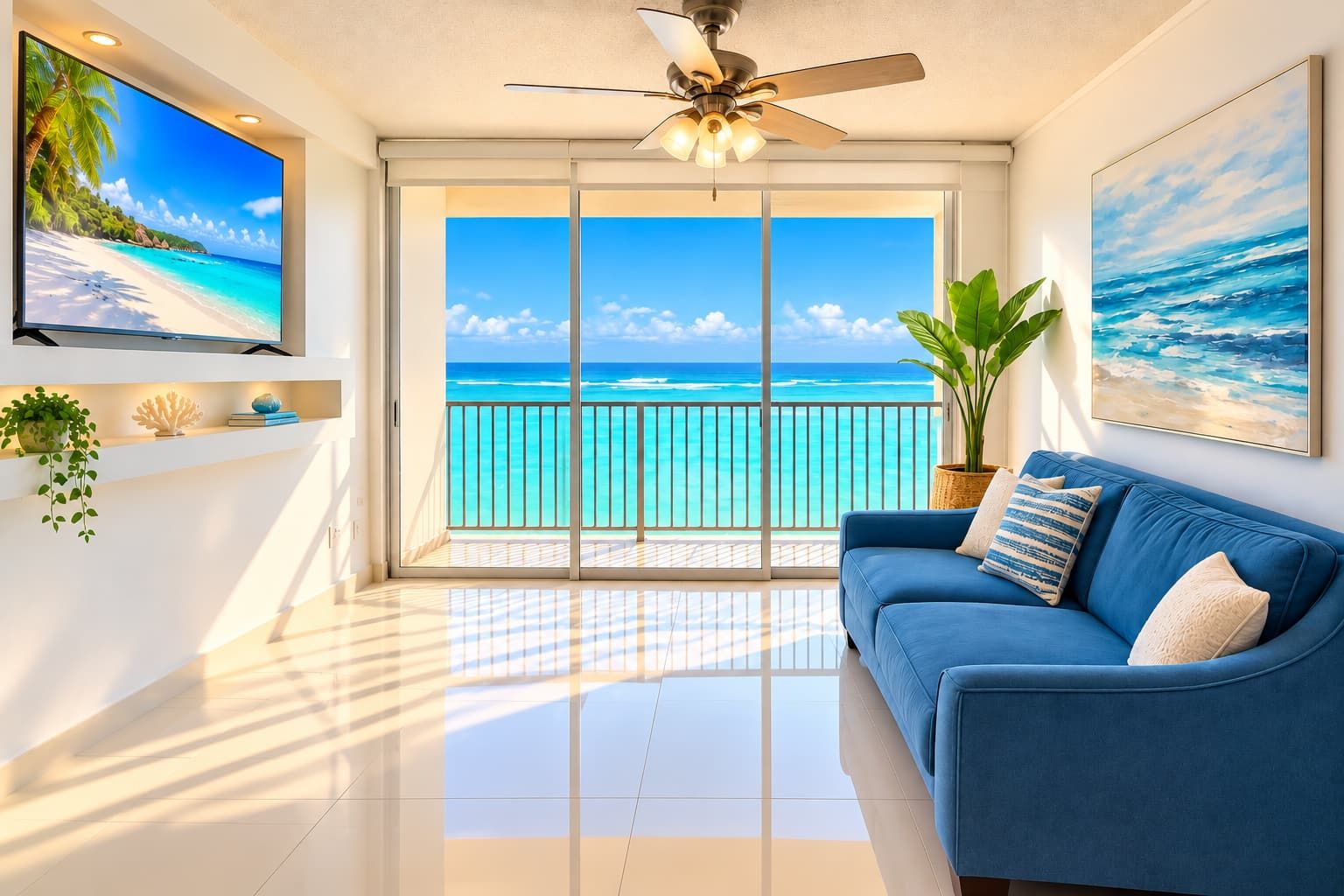 Un salon avec vue sur l’océan, un ventilateur de plafond, un téléviseur à écran plat et un canapé bleu.