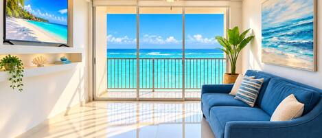 Un salon avec vue sur l’océan, un ventilateur de plafond, un téléviseur à écran plat et un canapé bleu.