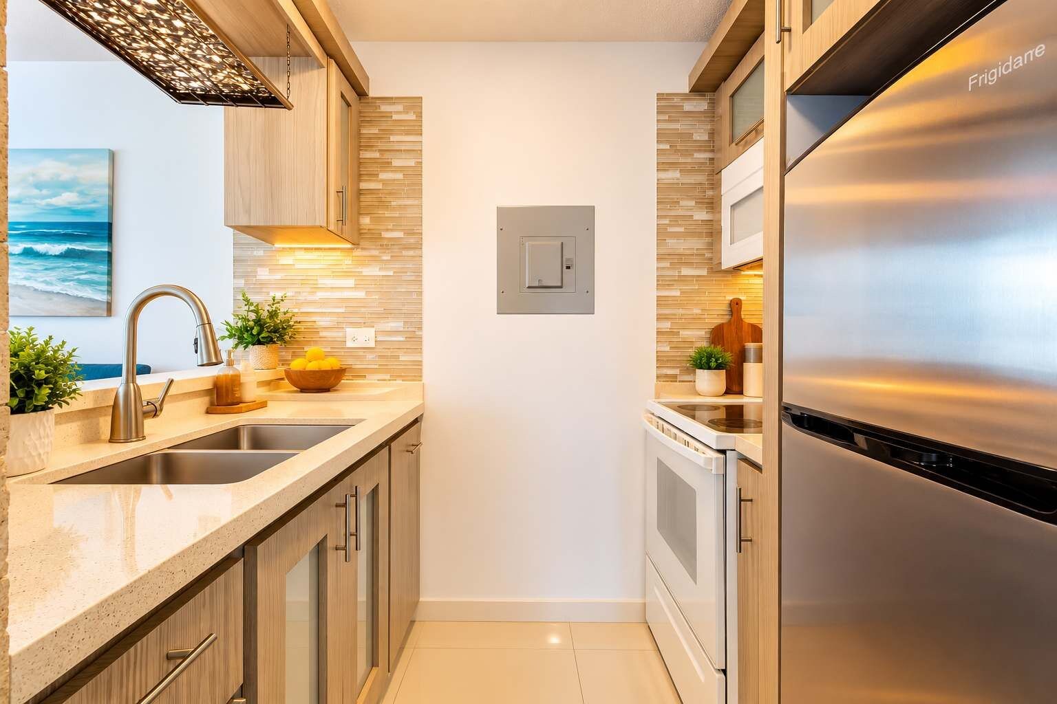 Modern kitchen with sleek countertops, stainless steel appliances, and stylish backsplash—fully equipped and ready for your stay. Perfect blend of functionality and elegance.