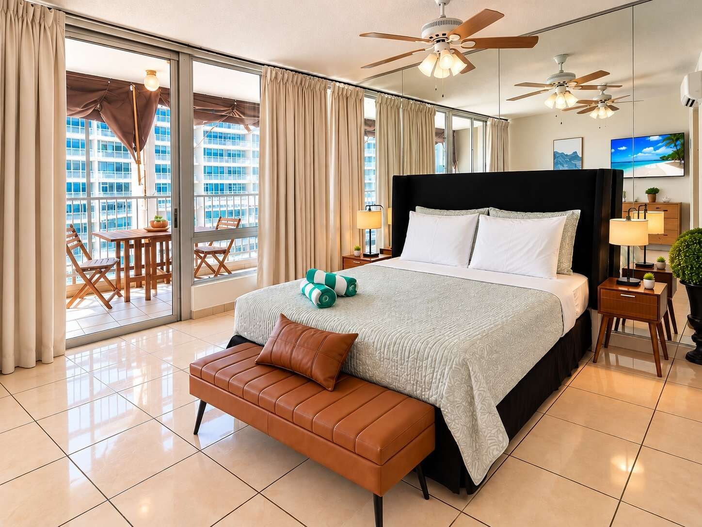 A hotel room with a large bed, a bench, a desk, a chair, a TV, and a balcony with a table and chairs.