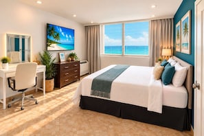A hotel room with a bed, desk, and a large window with a view of the ocean. - Queen Bed in 1BR Beachfront Apt Condado San Juan (SanJuan)