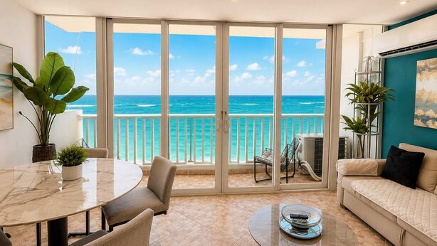 A spacious living area with a large sliding glass door leading to a balcony overlooking the ocean. - Beachfront Stella Maris Apt on Condado Ave (SanJuan)
