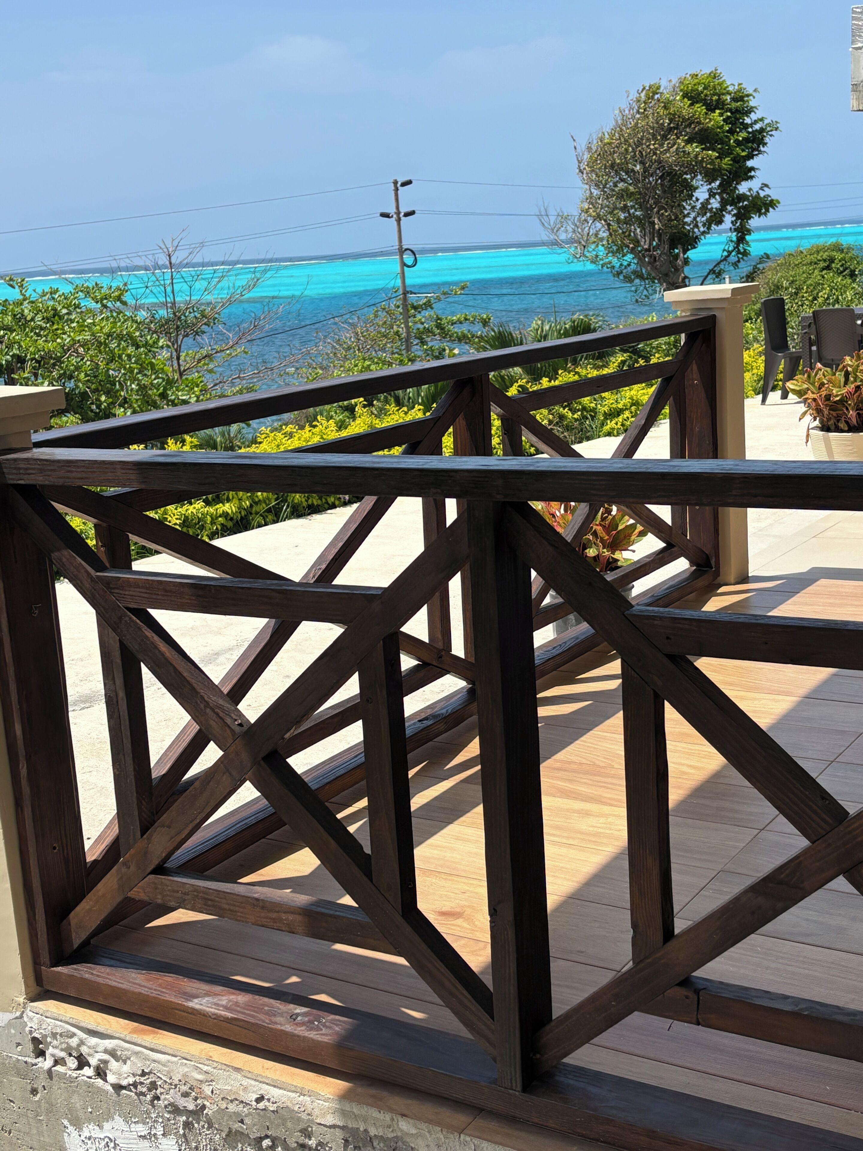 A wooden deck with a view of the ocean.