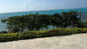 A concrete deck with a wooden floor, overlooking a turquoise sea and dense greenery.