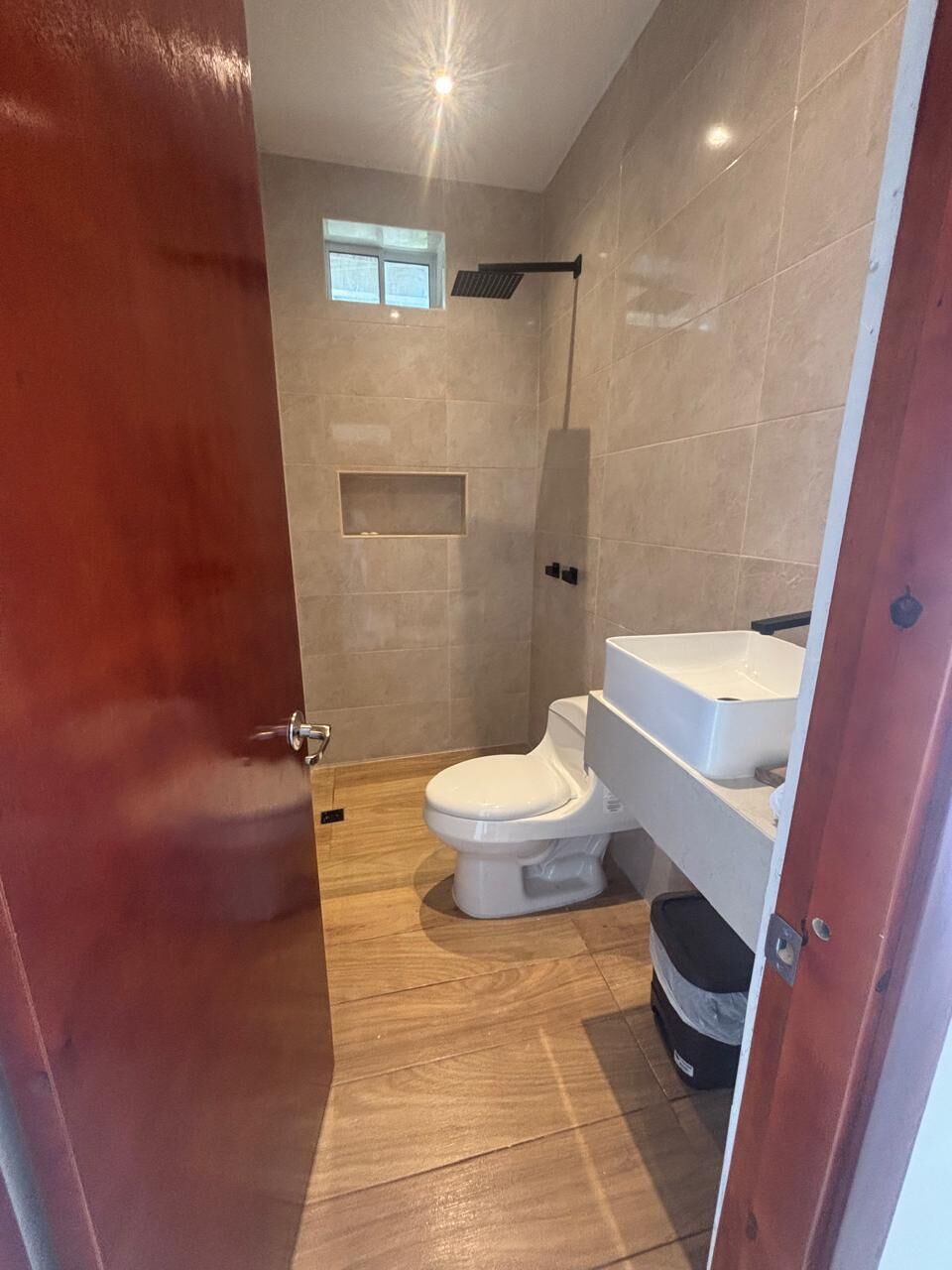 Shower, towels, soap, toilet paper